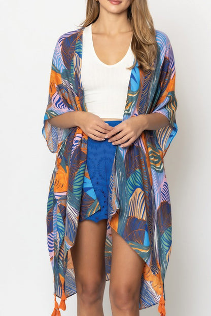 Palm Leaf Print Open Front Kimono