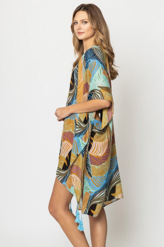 Palm Leaf Print Open Front Kimono