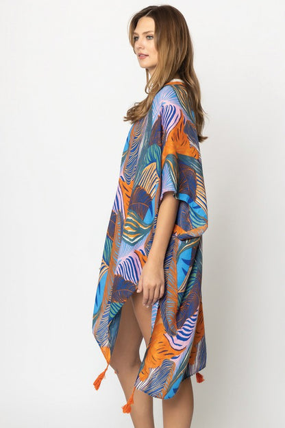 Palm Leaf Print Open Front Kimono