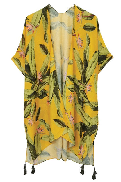 Palm Leaf Print Open Front Kimono