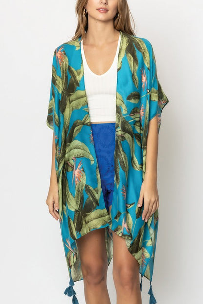 Palm Leaf Print Open Front Kimono