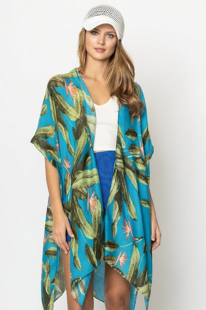 Palm Leaf Print Open Front Kimono