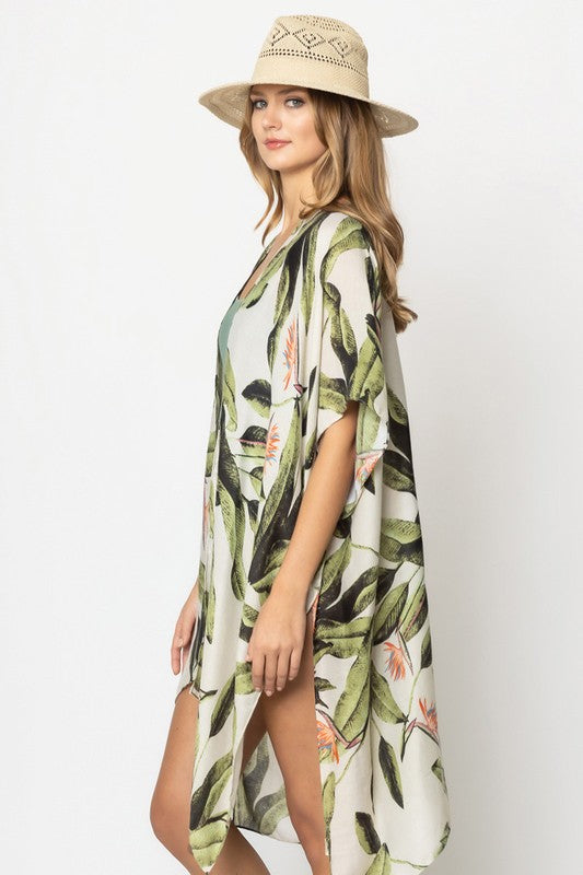 Palm Leaf Print Open Front Kimono