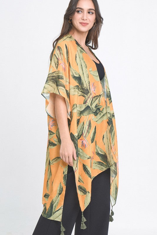 Palm Leaf Print Open Front Kimono