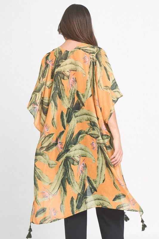 Palm Leaf Print Open Front Kimono