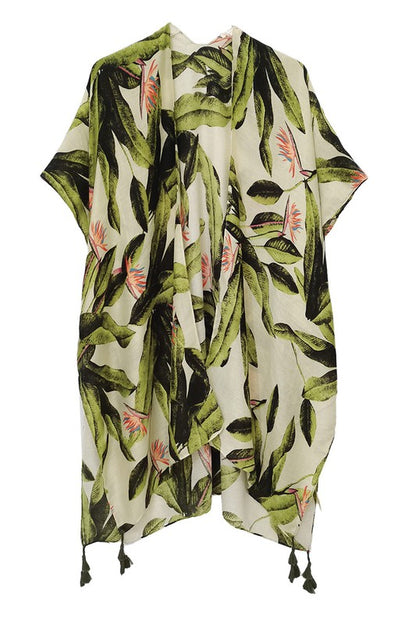 Palm Leaf Print Open Front Kimono