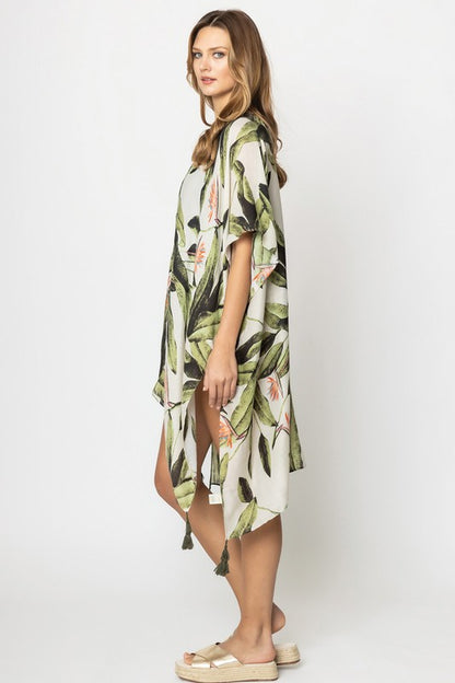 Palm Leaf Print Open Front Kimono