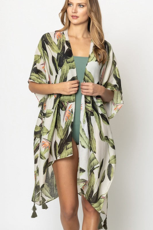 Palm Leaf Print Open Front Kimono