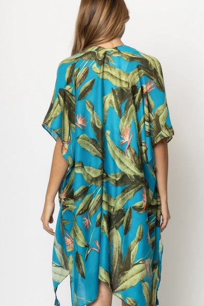 Palm Leaf Print Open Front Kimono