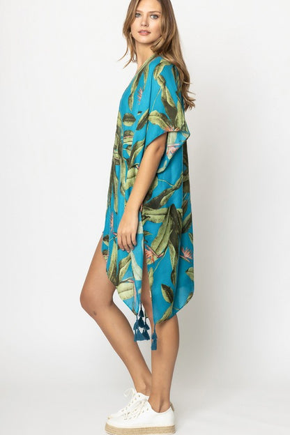 Palm Leaf Print Open Front Kimono