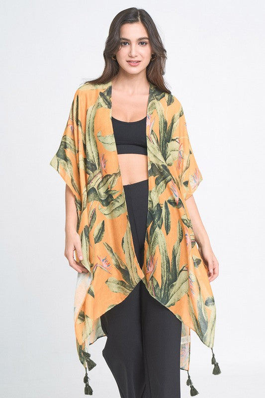 Palm Leaf Print Open Front Kimono