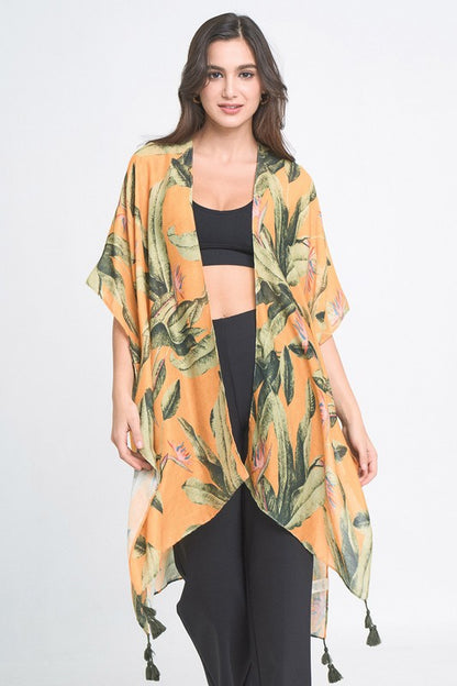 Palm Leaf Print Open Front Kimono