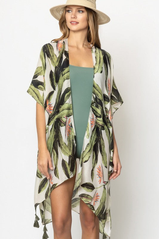 Palm Leaf Print Open Front Kimono