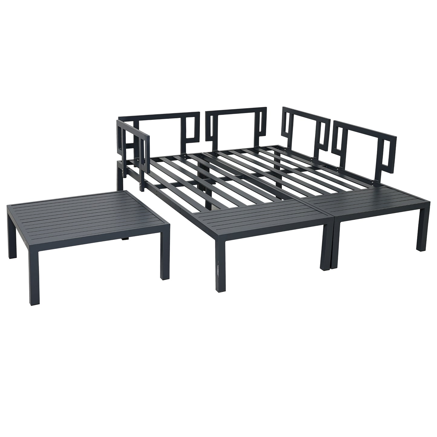 TOPMAX Outdoor 3-piece Aluminum Alloy Sectional Sofa Set with End Table and Coffee Table,Black Frame+Gray Cushion