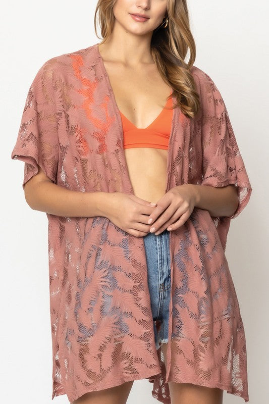 Laced Leaves Open Front Kimono