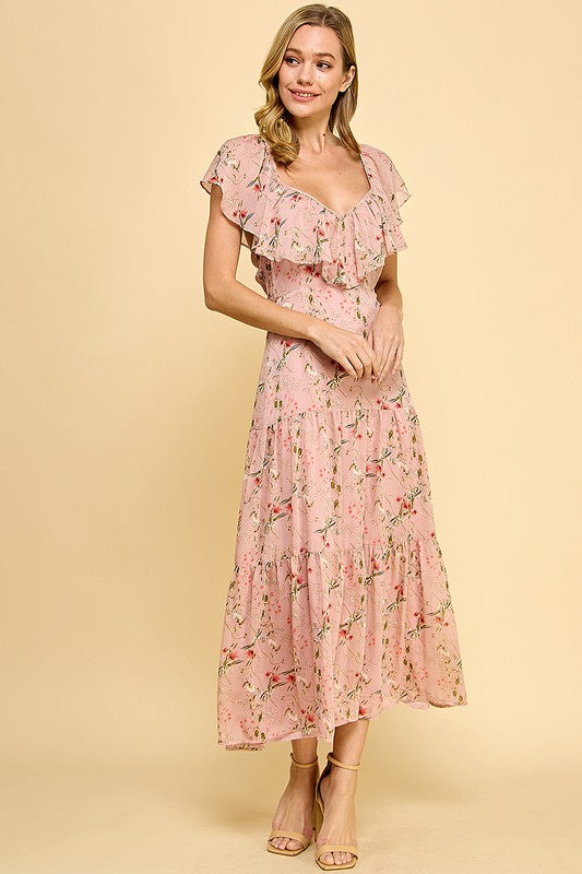 Pink Floral Tiered Dress