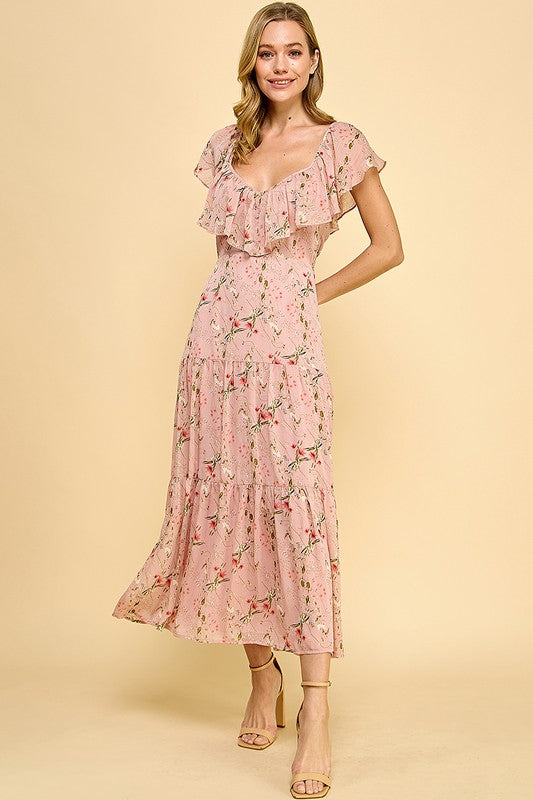 Pink Floral Tiered Dress