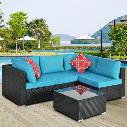 Outdoor Garden Patio Furniture 5-Piece PE Rattan Wicker Cushioned Sofa Sets with 2 Pillows and Coffee Table.outdoor couch；outdoor sectional；porch furniture；patio couch；outdoor sofa；patio furniture set