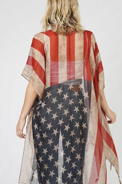 USA Flag Printed Kimono with Tassels
