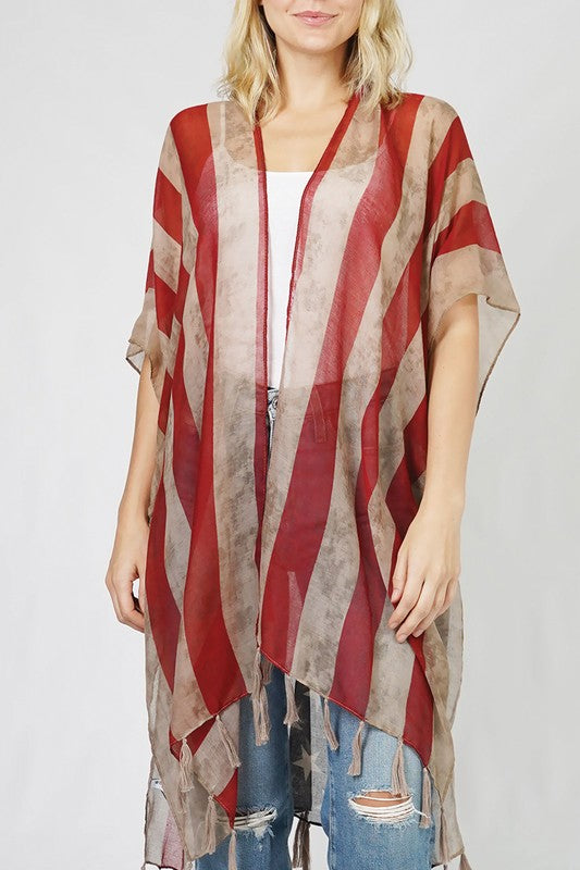 USA Flag Printed Kimono with Tassels