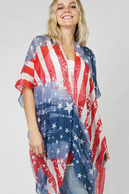 USA Flag with Stars Printed Kimono