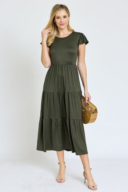 Solid Flutter Sleeve Tiered Tea Length Dress