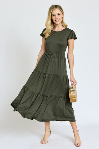 Solid Flutter Sleeve Tiered Tea Length Dress