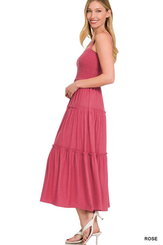 SMOCKED TIERED MIDI DRESS