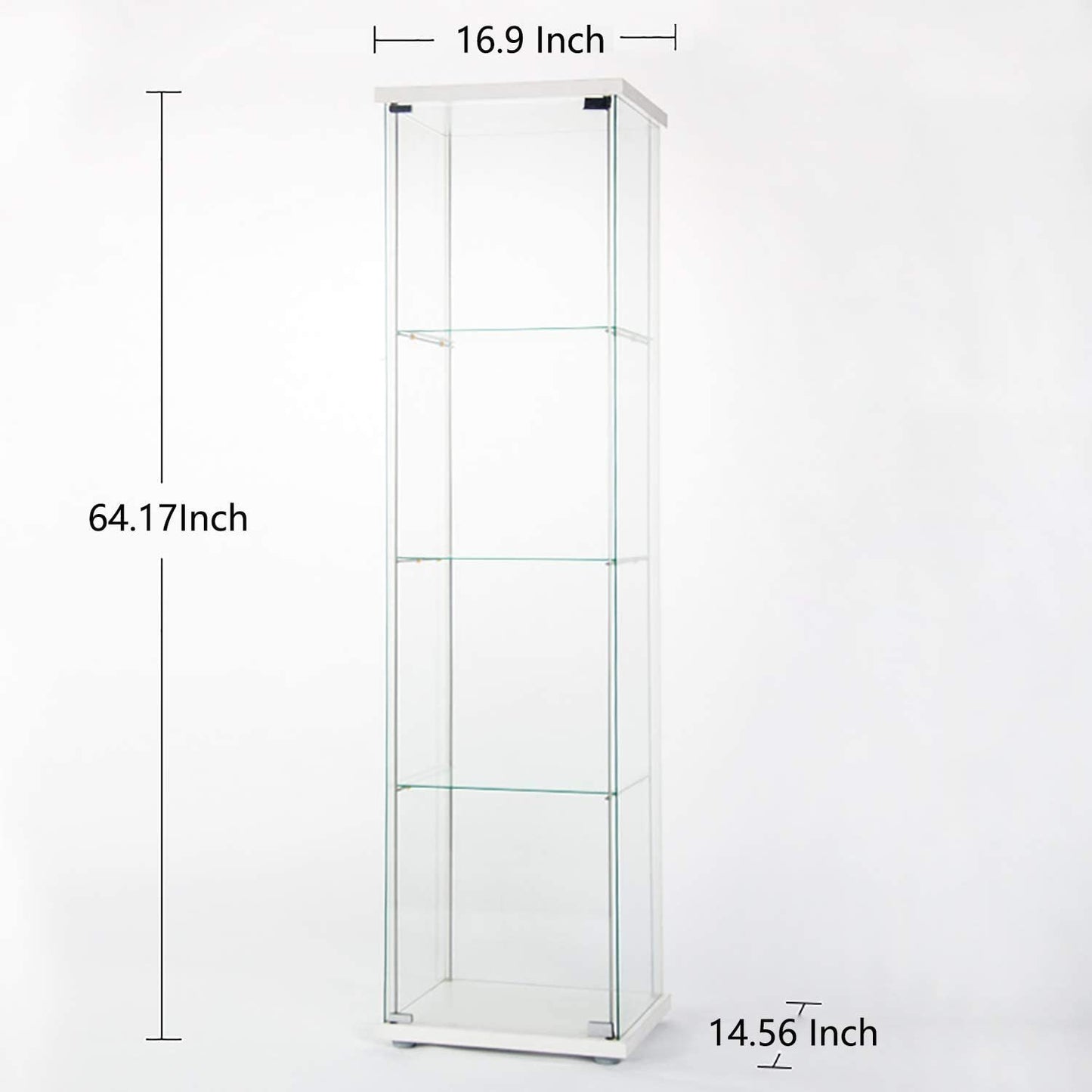 Glass Cabinet-w       Glass Display Cabinet 4 Shelves with Door, Floor Standing Curio Bookshelf for Living Room Bedroom Office, 64” x 17”x 14.5”, White