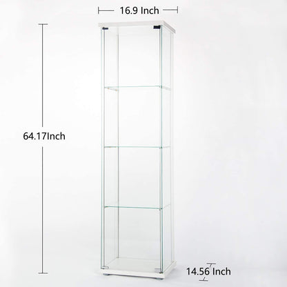 Glass Cabinet-w       Glass Display Cabinet 4 Shelves with Door, Floor Standing Curio Bookshelf for Living Room Bedroom Office, 64” x 17”x 14.5”, White