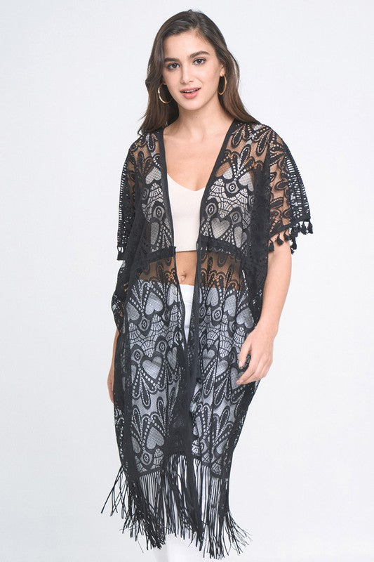 Heart Pattern Laced Kimono with Fringe