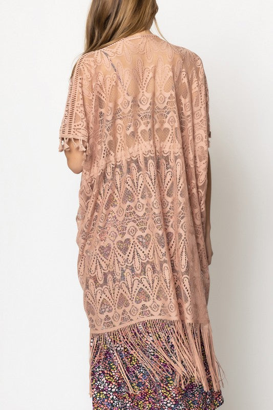 Heart Pattern Laced Kimono with Fringe