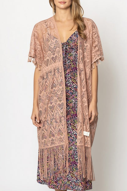 Heart Pattern Laced Kimono with Fringe