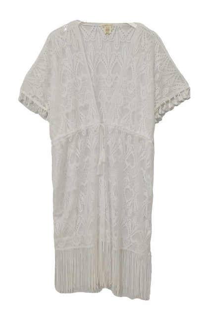 Heart Pattern Laced Kimono with Fringe