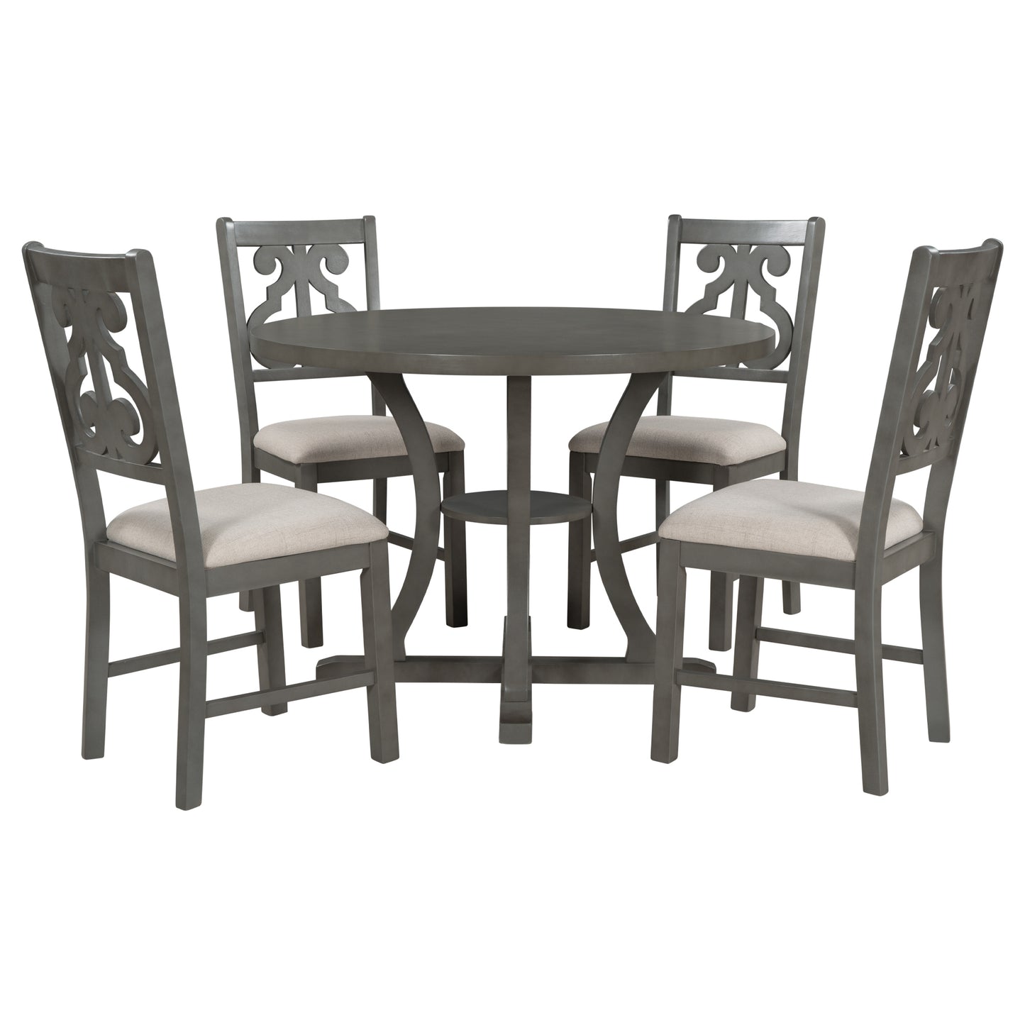 TREXM 5-Piece Round Dining Table and Chair Set with Special-shaped Legs and an Exquisitely Designed Hollow Chair Back for Dining Room (Gray)