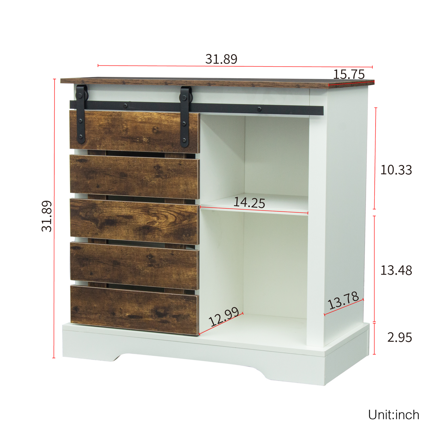 Side Cabinet Buffet Sideboard with Sliding Barn Door and Interior Shelves, White+Rustic dark oak