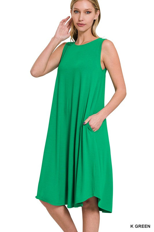 SLEEVELESS ROUND NECK ROUND HEM MIDI DRESS