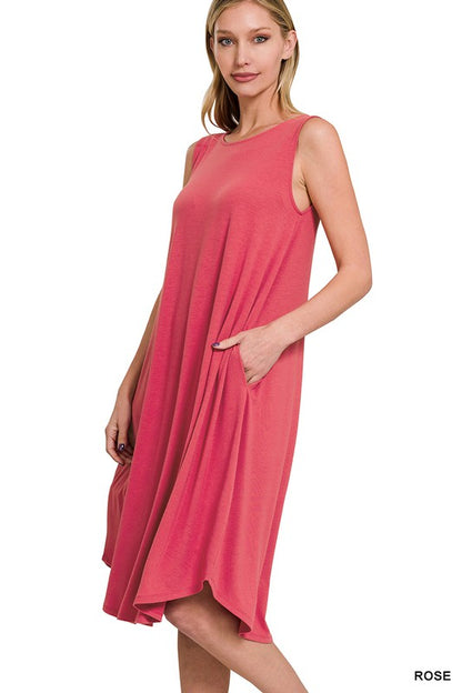 SLEEVELESS ROUND NECK ROUND HEM MIDI DRESS