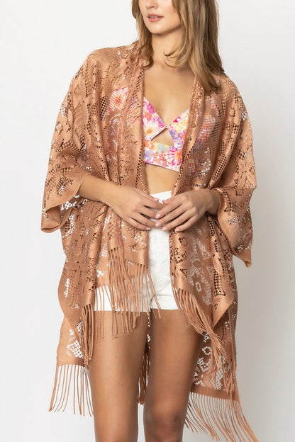 Floral Lace Kimono with Fringe