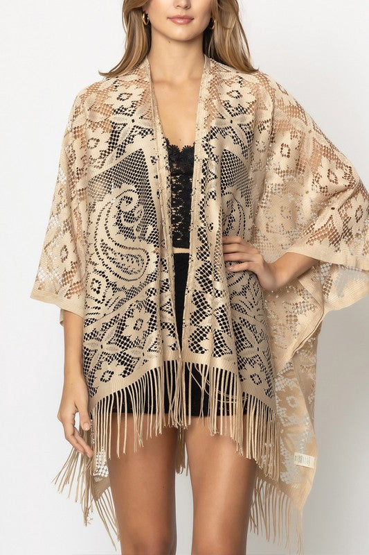 Floral Lace Kimono with Fringe