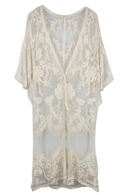 Pastel Floral Lace Kimono with Front Tie