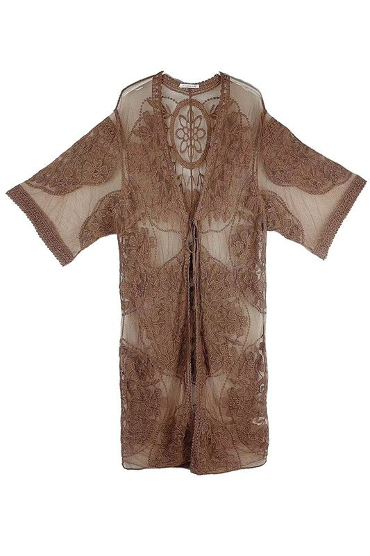 Oriental Floral Lace Kimono with Front Tie