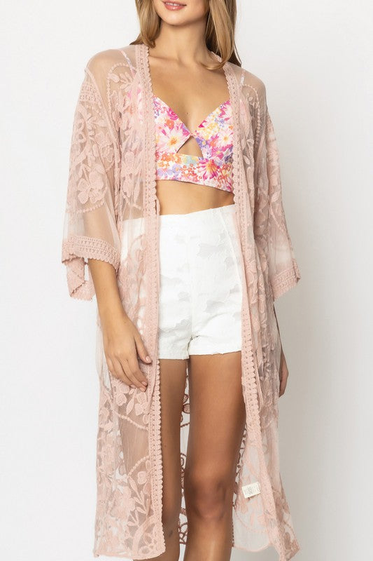 Oriental Floral Lace Kimono with Front Tie