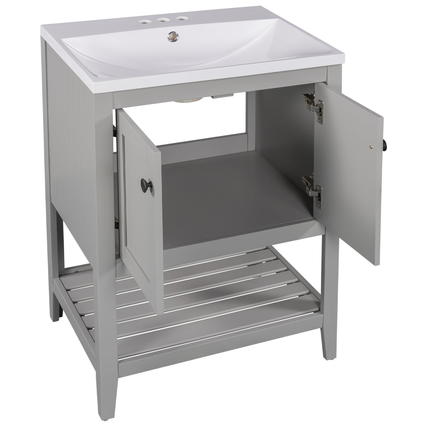 [VIDEO] 24" Grey Modern Sleek Bathroom Vanity Elegant Ceramic Sink with Solid Wood Frame Open Style Shelf (OLD SKU: JL000001AAE)