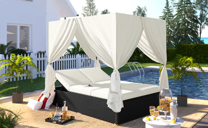 U_STYLE Outdoor Patio Wicker Sunbed Daybed with Cushions, Adjustable Seats