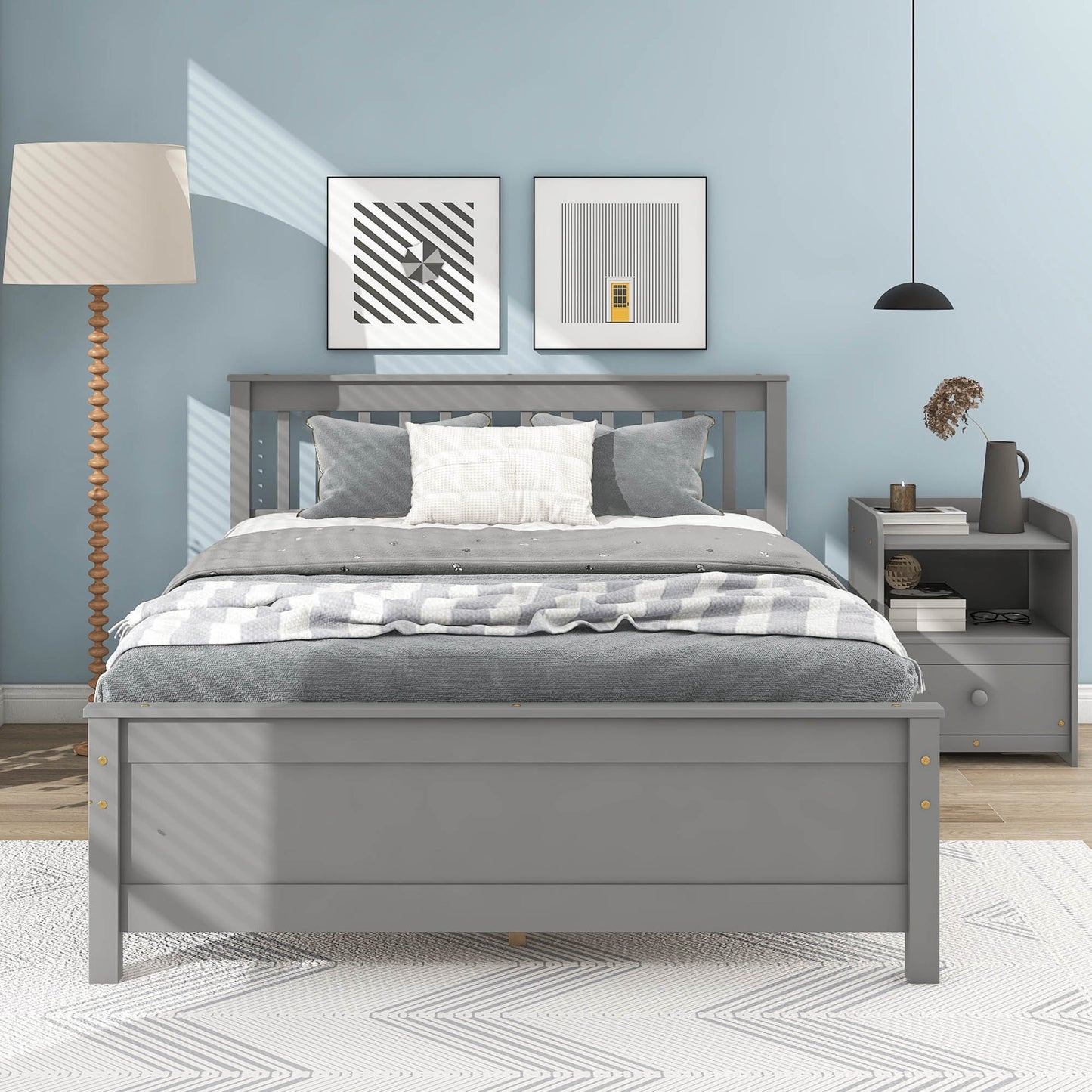 Full Bed with Headboard and Footboard for Kids, Teens, Adults,with a Nightstand,Grey