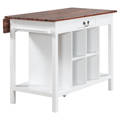 TOPMAX Farmhouse Stationary Wood Dining Table Drop Leaf Kitchen Island with Storage Shelves, Dark Walnut+White