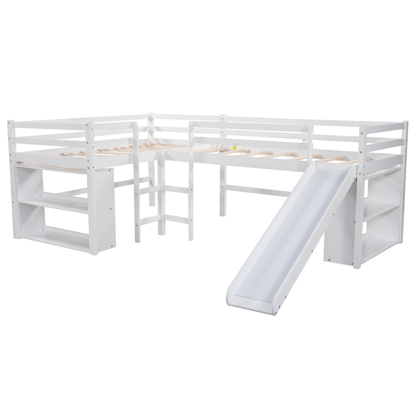 Twin Size L-Shaped Loft Bed with Movable Two-Tier Shelves and Slide,White