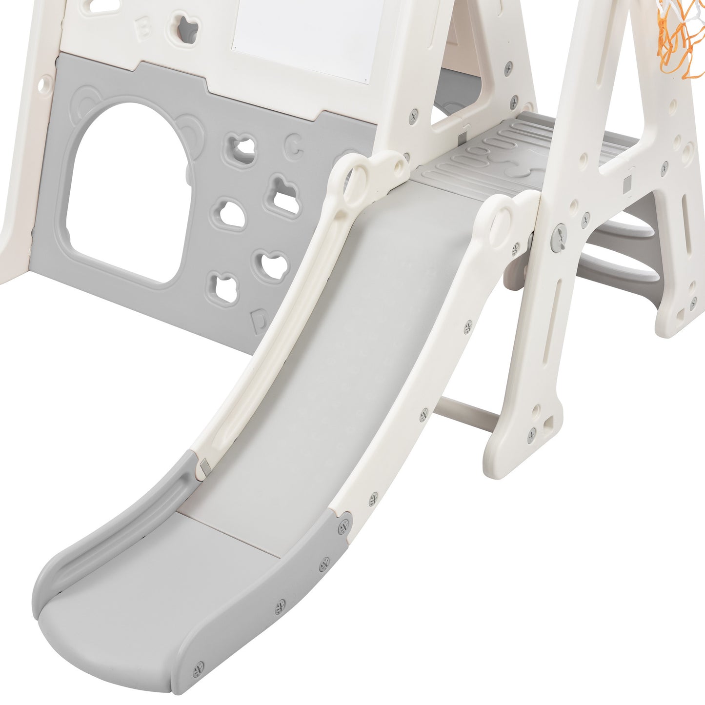 7-in-1 Toddler Climber and Slide Set Kids Playground Climber Slide Playset with Tunnel, Climber, Whiteboard,Toy Building Block Baseplates, Basketball Hoop Combination for Babies