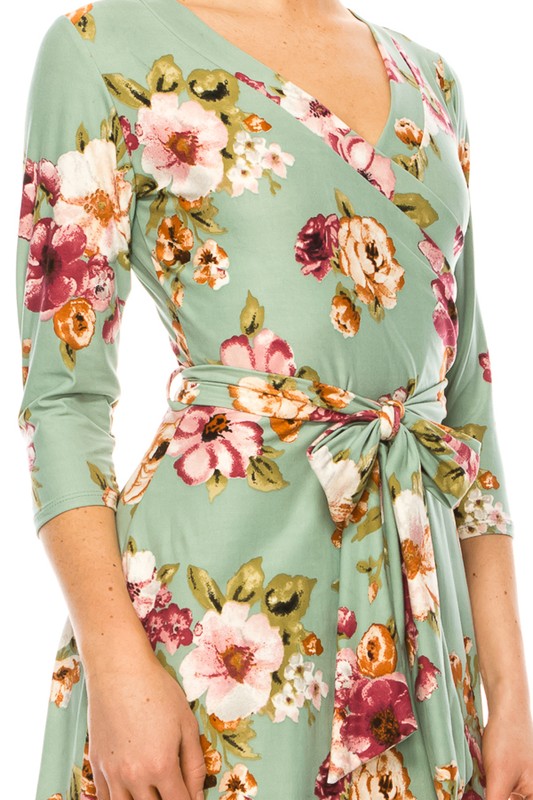 Floral print, faux wrap dress with deep V-neck